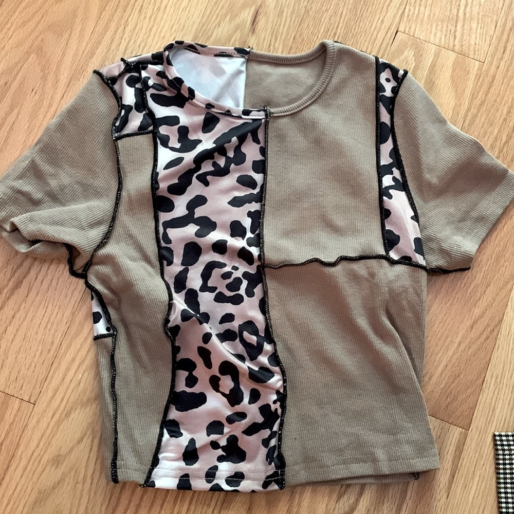 cute brown asymmetrical box leopard print crop top